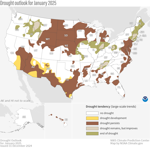 Map of U.S. drought outlook for January 2025 with insets fro Alaska and Hawaii