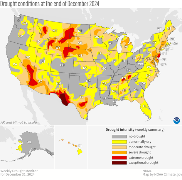 U.S. map of drought conditions across the United States as of December 31, 2024