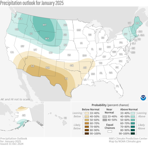 U.S. precipitation forecast map for January 2025 showing wet conditions favored for the Northwest and dry conditions favored for the Southwest
