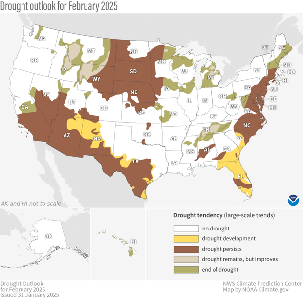 Map and legend of U.S. drought outlook for February 2025