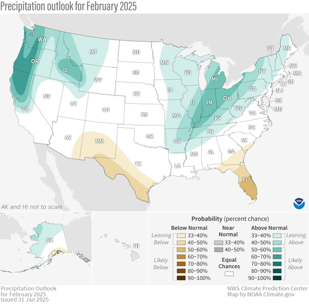 U.S. map showing precipitation forecast for February 2025