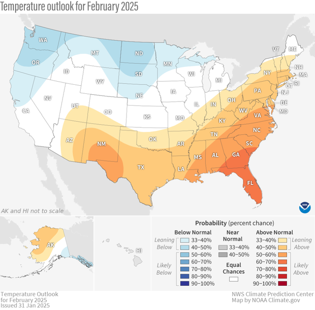 map of U.S. temperature outlook for February 2025
