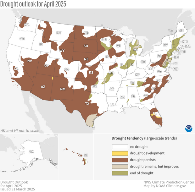 Map showing predictions of drought persistence in the West, some improvements in parts of the central U.S. and Northeast