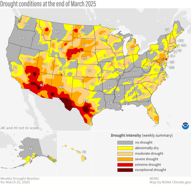 U.S. map showing drought and abnormally dry conditions across the U.S. 
