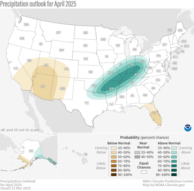 U.S. map showing large areas of "equal chances" of wet, dry, or near-average precipitation across much of the U.S.