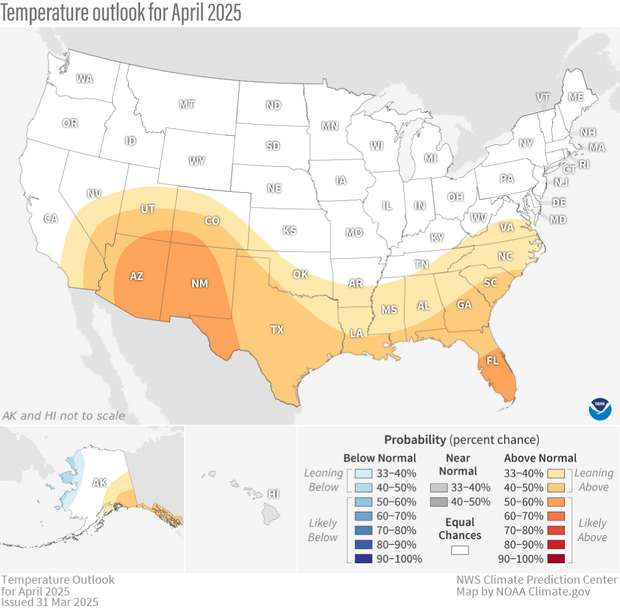 Map showing increased odds for warmer than average April across much of the southern U.S. 