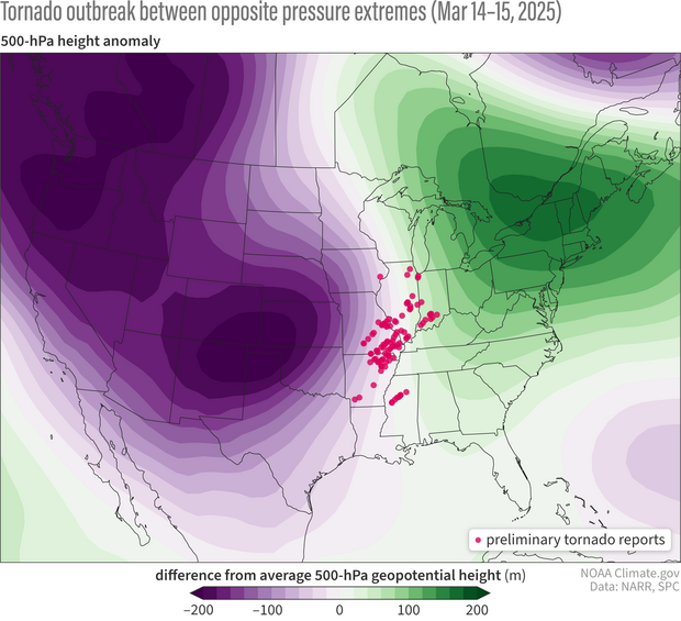 U.S. map of strong west-to-east pressure gradient on March 14-15