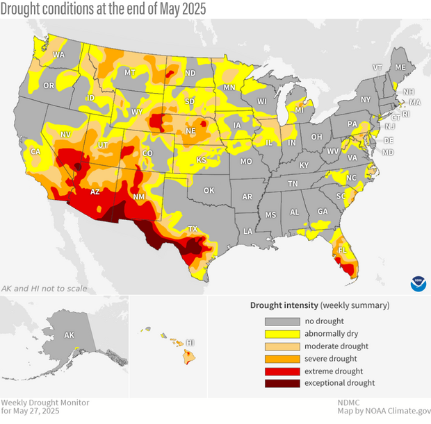 U.S. map showing drought and abnormally dry conditions across the U.S. at the end of May 2025.