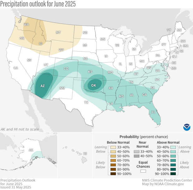 U.S. map of the outlook for precipitation in June 2025