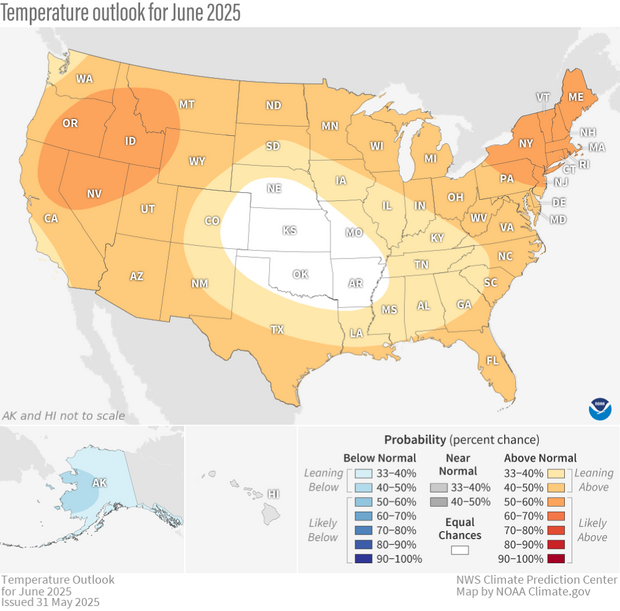 Map of the outlook for temperatures across the U.S. in June 2025.