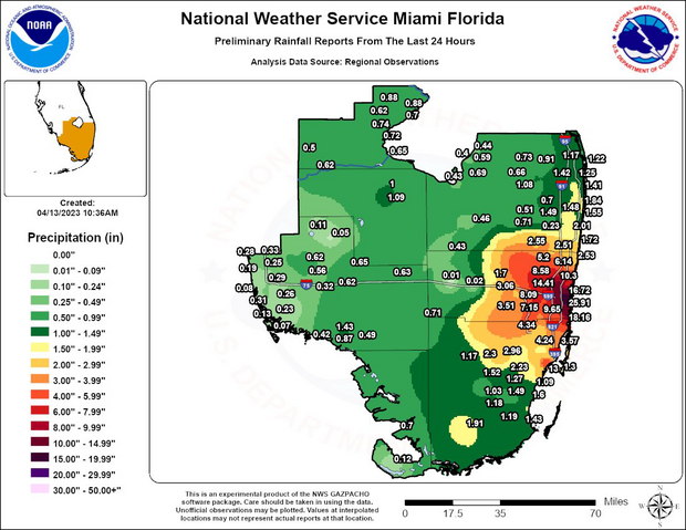 Regional observations of preliminary rainfall on April 13, 2023, in the Miami, Florida region.