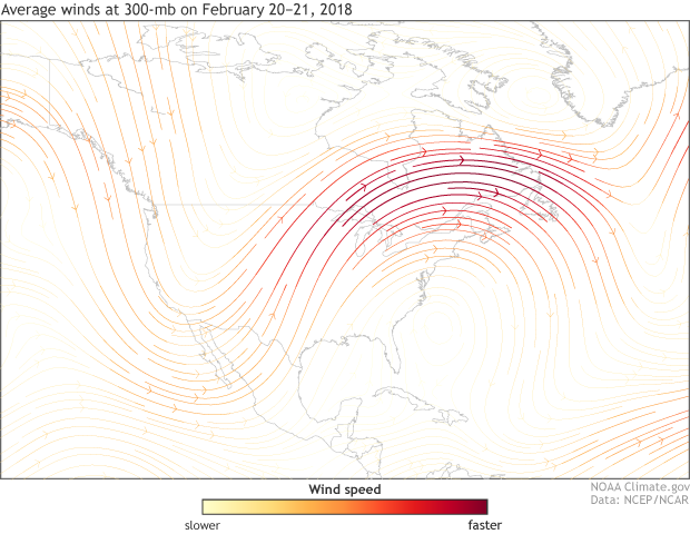 Map of North America showing 300-mb winds across the United States on February 20-21,2018