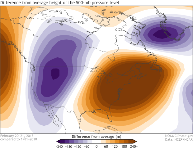 Map of North America showing 500-mb height anomalies on February 20-21, 2018