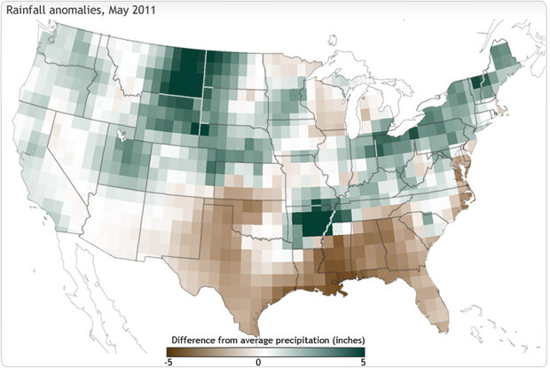 Precipitation anomalies across the U.S. in May 2011