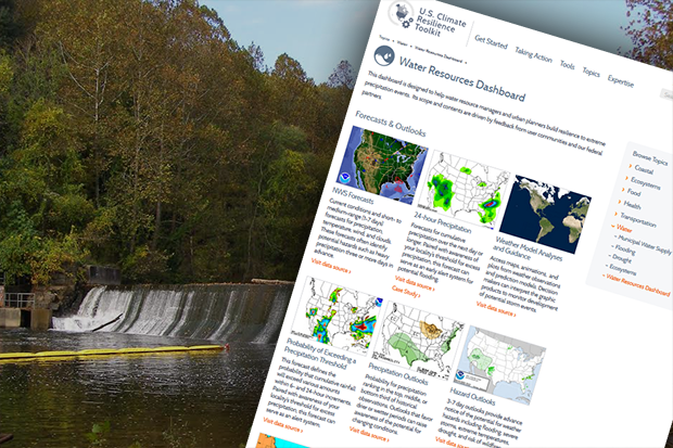 Screenshot of the front page of the Water Resources Dashbaord overlaid on a photo of a small dam on a tree-lined river