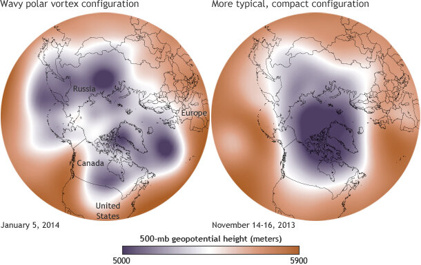 January 5, 2014 and mid-November 2013 geopotential height maps