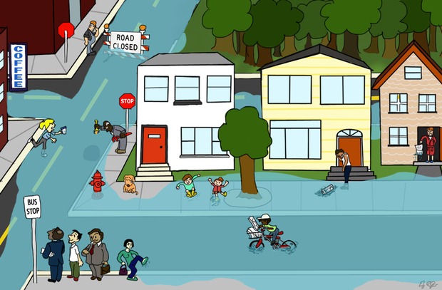 cartoon neighborhood showing characters and places dealing with nuisance flooding