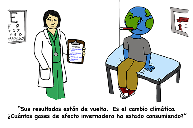 Cartoon of Earth as a patient in an exam room with a thermometer in its mouth