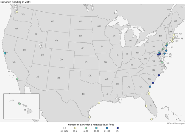 Map of U.S.showing nuisance flood days at some coastal cities