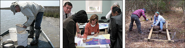 Photo montage of (one) a man holding a net over a bucket at the edge of a lake or marsh; (two) five people in a meeting room looking at a large map on a table; (three) two men constructing a raised walkway through a low-lying, wet area in the woods