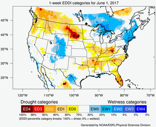 Map of United States showing EDDI drought categories for June 1, 2017