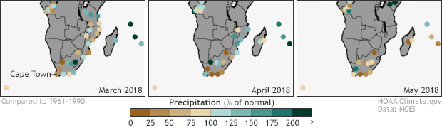 Precipitation maps of Southern Africa show low precipitation as a percentage of the 1961–1990 baseline.