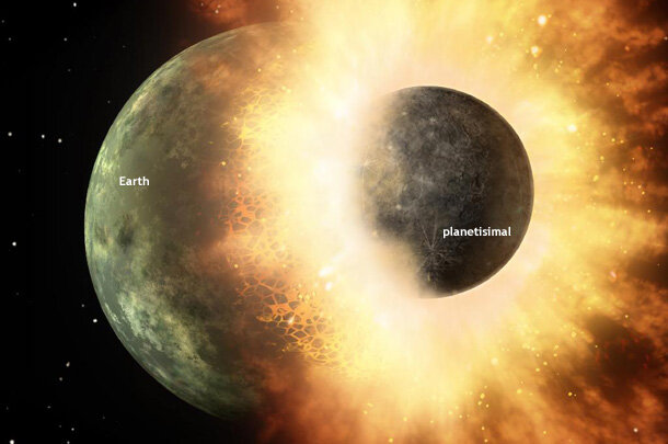 Artist's conception of the collision between early Earth and the planetisimal that created the moon
