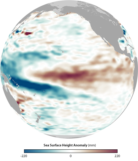 Map showing El Niño pattern of sea-surface height anomalies in the equatorial Pacific Ocean on February 15, 2010.