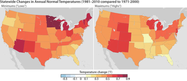 Temperature change maps: minimums and maximums