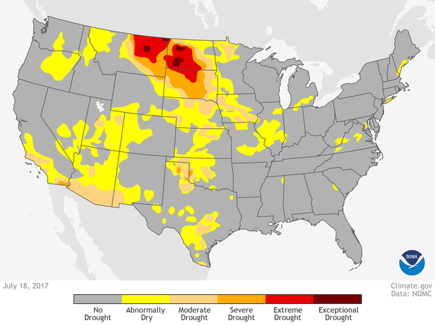 Drought conditions in the contiguous United States as of July 18, 2017.  NOAA Climate.gov image from the Data Snapshots collection, based on data from the U.S. Drought Monitor project. 
