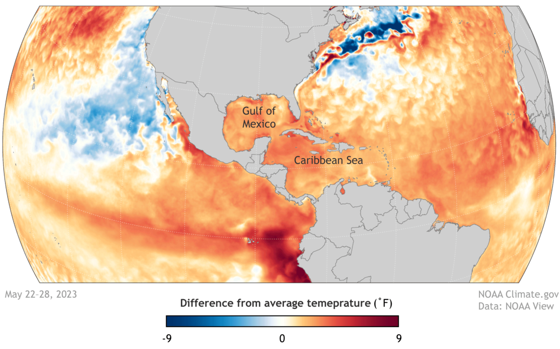 Map of ocean surface temperature patterns the week of May 22, 2023