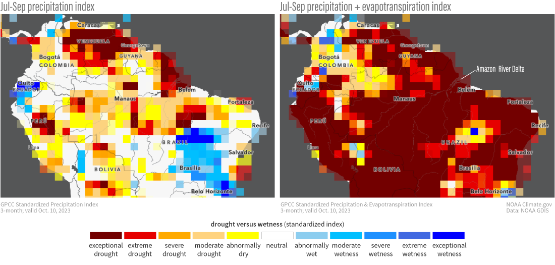 Maps of Amazon basin comparing precipitation only and precipitation vs evapotranspiration