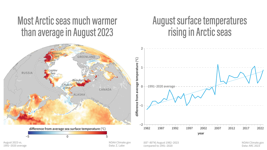 Map of August sea surface temperature patterns next to a graph of August temperatures over time