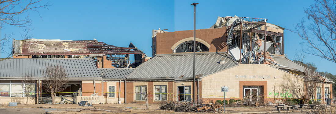 Tornado damage to multiple structures at Wynne High School