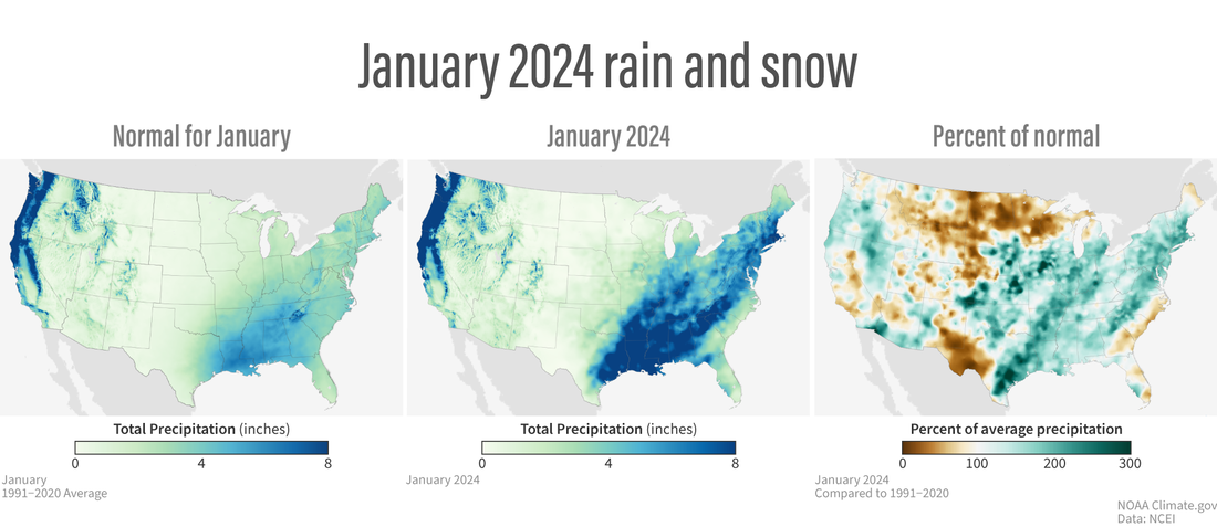 Trio of U.S. maps showing normal January precipitation, total precipitation in January 2024, and difference from normal