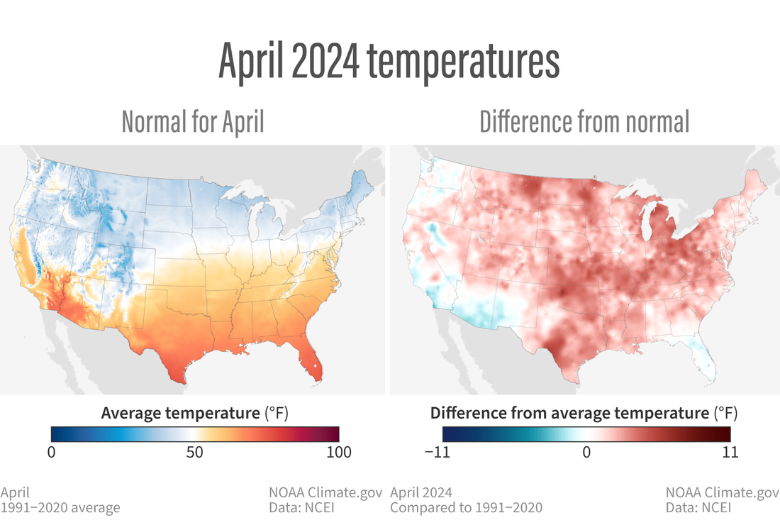 Two U.S. maps showing normal temperatures and temperature departures from normal