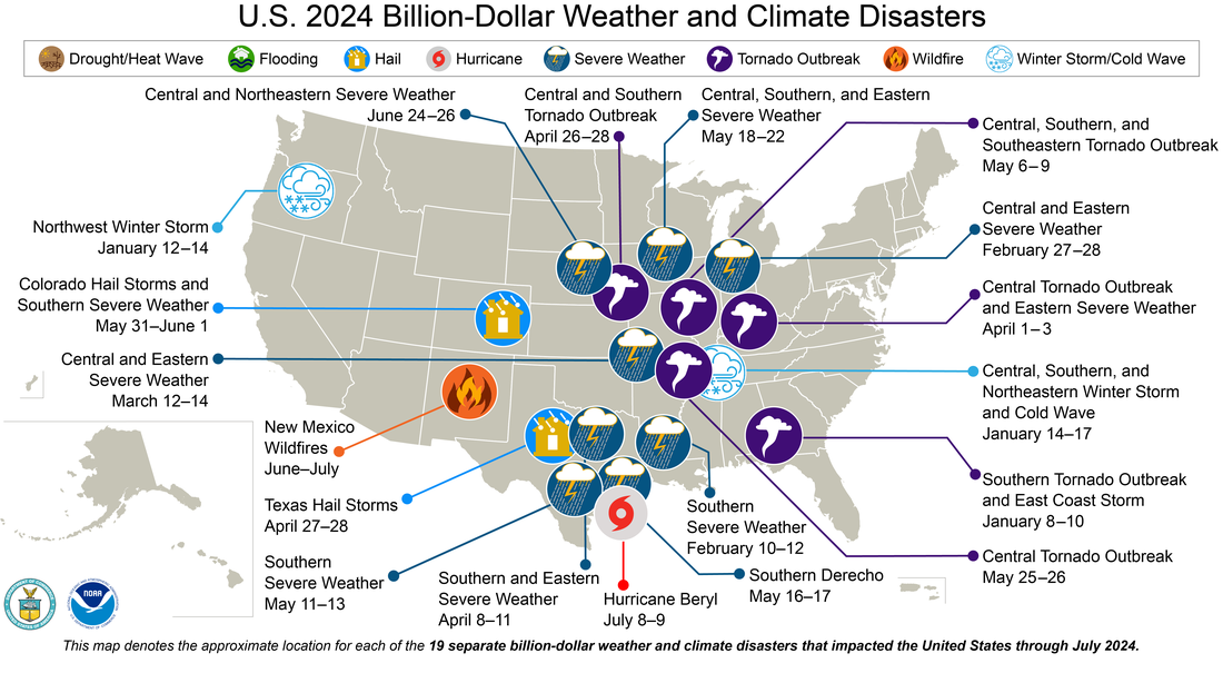 U.S. with icons showing type and location of all billion-dollar disasters in 2024 to date