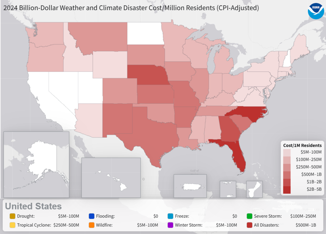 2024 An Active Year Of U S Billion Dollar Weather And Climate NOAA Billion Dollar Disasters Map Cost Per Million Residents 1980 2024 