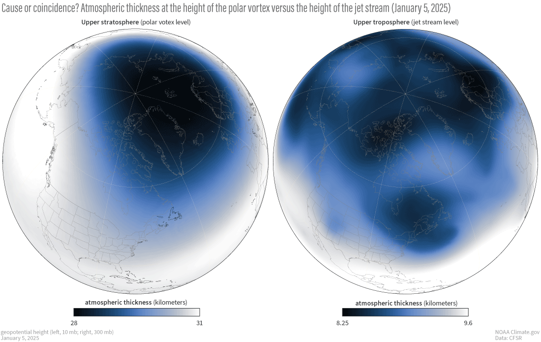 two maps of northern hemisphere atmospheric thickness