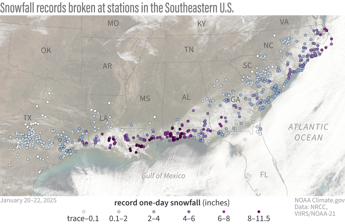 Map of stations that set snowfall records