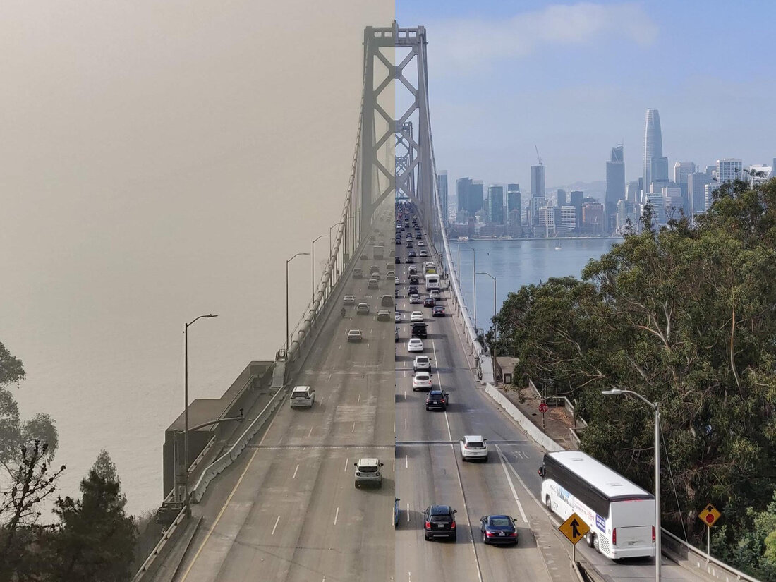 a split-screen-style photo composition showing a view of the San Francisco Bay Bridge on a day with clear air and a day with smoke