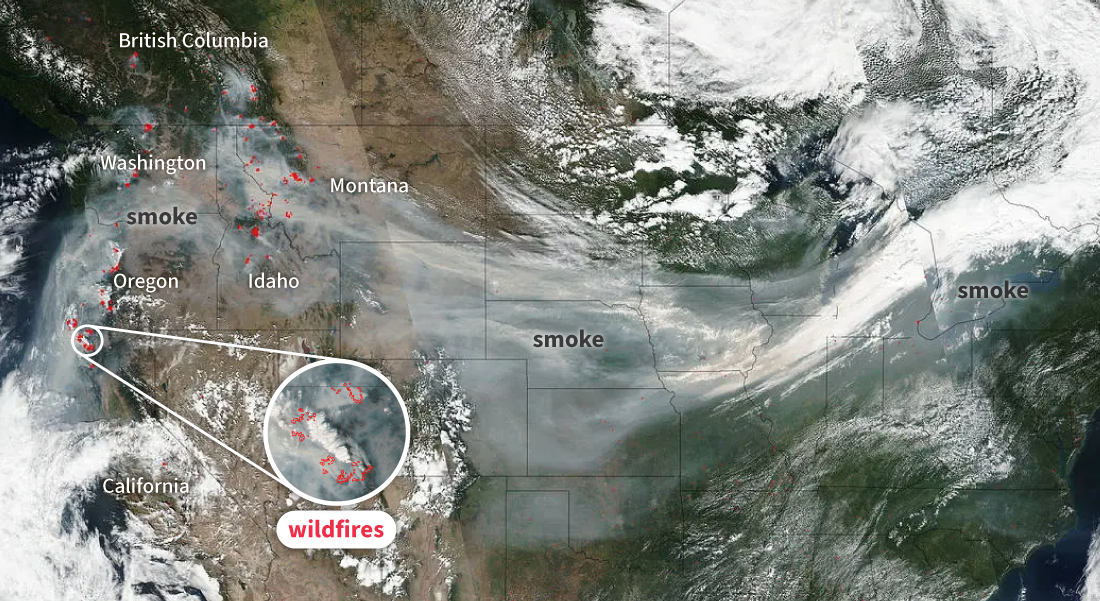 A plume of smoke stretches across the United States from California to beyond Lake Erie