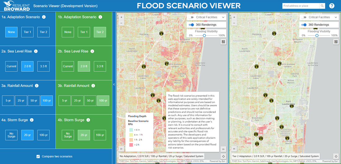 A screenshot of the Resilient Broward Flood Scenario Viewer showing two adaptation scenarios.