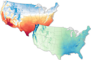 US maps showing annual average temperature partially overlaid by annual average precipitation