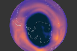 Globe-style map of ozone concentrations showing ozone hold over Antarctica