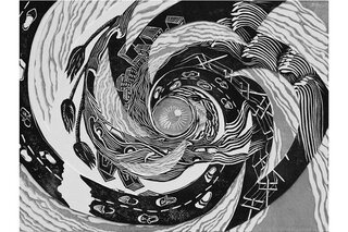 Image of a composite linocut of swirling, hurricane-like bands showing impacts from Hurricane Maria and a human iris at the center of the spiral