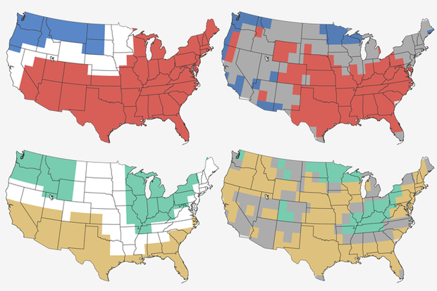 4 maps of the contiguous US showing the temperature and precipitation winter outlooks for 2021-2022 and the observations. Red indicating warmer than average temperatures were both forecast and observed across the southeast, southern plains and mid-atlantic. Tan areas indicating drier than average conditions were both forecast and observed across Texas and Gulf coast.