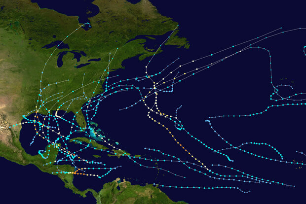 Map of hurricane tracks during 2020 Atlantic season