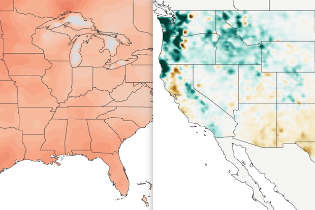 Side-by-side U.S. maps showing typical temperature (left) and precipitation (right) patterns during fall and early winter during La Niña