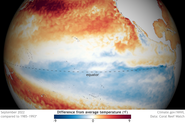 Spherical map of the Pacific Ocean showing September 2022 temperature anomalies
